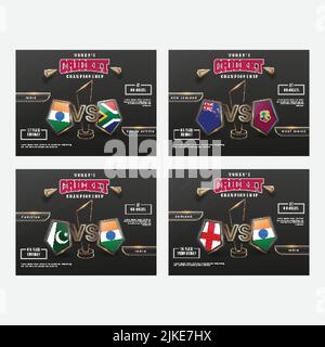 Set Of Women's Cricket Match Poster Design With Participating Countries Flag Shields And Line Art Trophy Cup On Black Background. Stock Vector