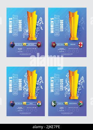 Women's Cricket Match Social Media Posts Or Template With Participating Countries Flag Shield And 3D Golden Trophy Cup In Four Options. Stock Vector