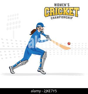 Women's Cricket Championship Concept With Female Batter Player Hitting The Ball On White Stadium View Background. Stock Vector