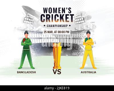 Women's Cricket Match Between Bangladesh VS Australia With Faceless Players And Golden Trophy Cup On Abstract Grunge Stadium View. Stock Vector