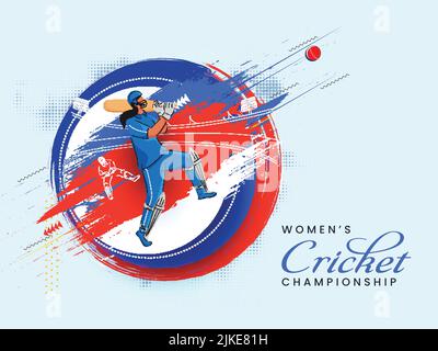 Women's Cricket Championship Concept With India Female Batter Player And Colorful Brush Stroke On Blue Background. Stock Vector