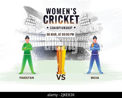 Women's Cricket Match Between Pakistan VS India With Faceless Players And Golden Trophy Cup On Abstract Grunge Stadium Background. Stock Vector