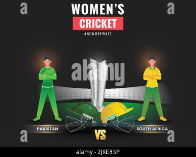 Women's Cricket Match Between Pakistan VS South Africa With Faceless Female Cricketer Players And Silver Winning Trophy Cup At Playground. Stock Vector