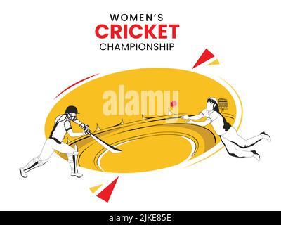 Women's Cricket Championship Concept With Doodle Style Female Batter Playing Hitting The Ball, Fielder In Catch Pose On Orange And White Playground. Stock Vector