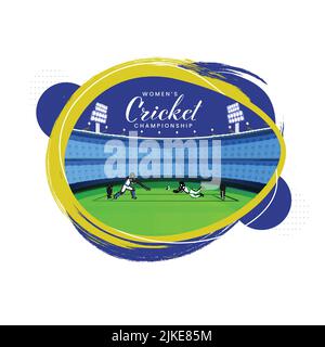 Women's Cricket Championship Concept With Female Bowler, Batter Player In Action Pose On Abstract Brush Stroke Background. Stock Vector