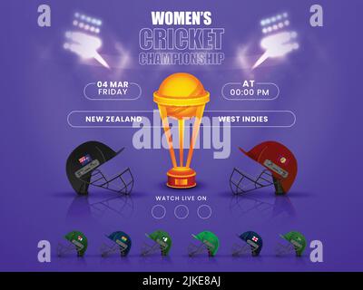 Women's Cricket Match Participating Countries Helmets With New Zealand VS West Indies Highlighted And 3D Winner Trophy Cup On Blur Stadium Lights Blue Stock Vector