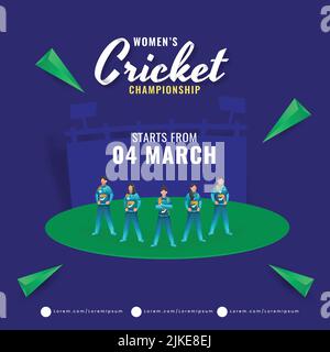 Women's Cricket Championship Concept With India Female Cricketer Team On Green And Blue Background. Stock Vector