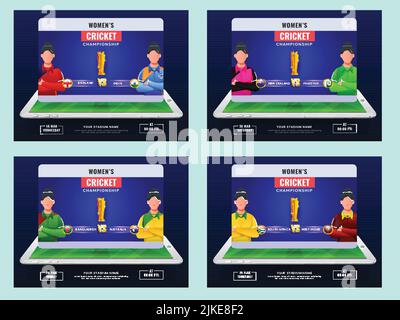 Watch Live Show Of Women's Cricket Match With Participating Countries Players And Golden Winning Trophy On Smartphone Screen In Four Options. Stock Vector
