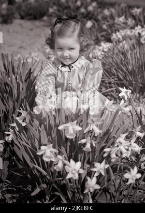 1940s 1950s LITTLE GIRL IN STRIPED DRESS IN FLOWER FIELD FULL OF SPRING DAFFODILS SQUINTING LOOKING AT CAMERA - j814 HAR001 HARS NATURE COPY SPACE HALF-LENGTH STRIPES B&W EYE CONTACT HAPPINESS CHEERFUL HIGH ANGLE SQUINTING DAFFODILS SMILES JOYFUL STYLISH PLEASANT AGREEABLE CHARMING GROWTH JUVENILES LOVABLE PLEASING SPRINGTIME YOUNGSTER ADORABLE APPEALING BLACK AND WHITE CAUCASIAN ETHNICITY HAR001 OLD FASHIONED Stock Photo