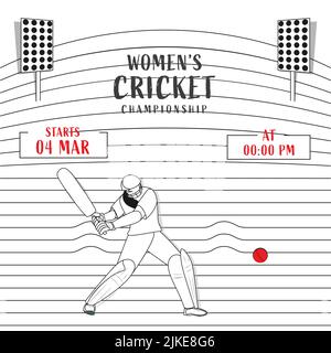 Women's Cricket Championship Concept With Linear Style Female Batter Player And Stadium Lights On White Stripes Background. Stock Vector