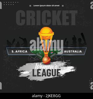 Women's Cricket Match Between South Africa VS Australia With Realistic Countries Helmets, Red Ball And Winning Trophy Cup On Black Background. Stock Vector