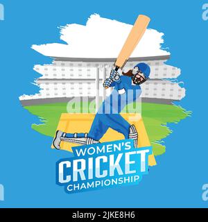 Sticker Style Women's Cricket Championship Font With Female Batter Player In Playing Pose On Scratch Brush Stadium Blue Background. Stock Vector
