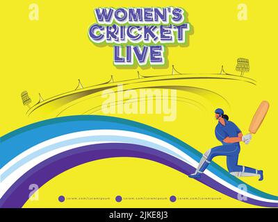 Sticker Style Women's Cricket Live Font With India Female Batter Player And Abstract Wave On Yellow Stadium Background. Stock Vector