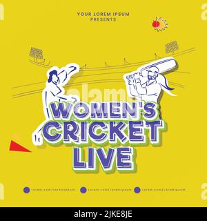 Stylish Sticker Style Women's Cricket Live Font With Cricketer Players On Yellow Stadium Background. Stock Vector