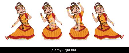 Different Poses Of Young Women Performing Kuchipudi Dance In Traditional Attire. Stock Vector