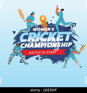Women's Cricket Championship Concept With India Female Cricketer Players In Different Poses And Golden Trophy Cup On Glossy Blue Brush Effect Backgrou Stock Vector