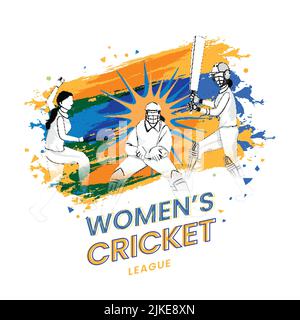 Cartoon Women Cricket Players In Different Poses And Brush Stroke Effect On White Background. Stock Vector