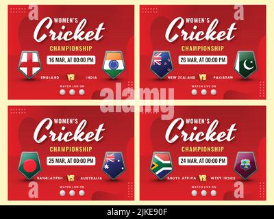 Women's Cricket Championship Poster Design With Participating Countries Flag Shield On Red Background in Four Options. Stock Vector
