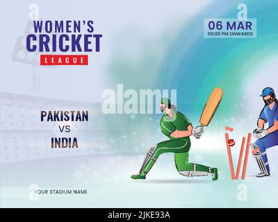 Women's Cricket Match Between Pakistan VS India And Cricketer Players In Action Pose. Stock Vector