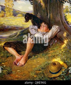 1920s BAREFOOT BOY AND HIS DOG LYING UNDER TREE DAYDREAMING RELAXING FROM LITERARY DIGEST BY NORMAN ROCKWELL - kd6850 NAW001 HARS SHADE RESTING SUMMERTIME DAYDREAMING DREAMS HAPPINESS MAMMALS MAN'S BEST FRIEND HIGH ANGLE HIS LEISURE AND CANINES FARMERS NORMAN BAREFOOT POOCH DIGEST STRAW HAT COMPANION ROCKWELL CANINE CAREFREE GROWTH JUVENILES LITERARY MAMMAL PRE-TEEN PRE-TEEN BOY RELAXATION SEASON CAUCASIAN ETHNICITY OLD FASHIONED Stock Photo