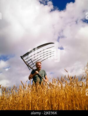 1950s SINGLE MAN FARMER STANDING IN WHEAT GRAIN FIELD BLUE SKY CLOUDS HOLDING A GRAIN CRADLE SCYTH ABOVE HIS HEAD IN TWO HANDS - kf12743 CRS001 HARS MOWING STRONG SATISFACTION GRAIN RURAL GROWNUP UNITED STATES COPY SPACE HALF-LENGTH PHYSICAL FITNESS PERSONS INSPIRATION GROWN-UP UNITED STATES OF AMERICA FARMING MALES CONFIDENCE AGRICULTURE NORTH AMERICA WHEAT HARVESTING NORTH AMERICAN CLOUDS DREAMS OCCUPATION MANUAL STRENGTH FARMERS LOW ANGLE CRADLE LABOR PRIDE IN OCCUPATIONS CONCEPTUAL SCYTHE AGRICULTURAL GROW NOURISHMENT OR CROPS MID-ADULT MID-ADULT MAN CAUCASIAN ETHNICITY OLD FASHIONED Stock Photo