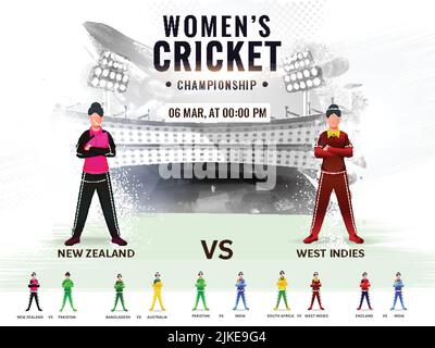 Women's Cricket Match Schedule Between New Zealand VS West Indies With Other Participant Countries Players On Abstract Grunge Stadium Background. Stock Vector
