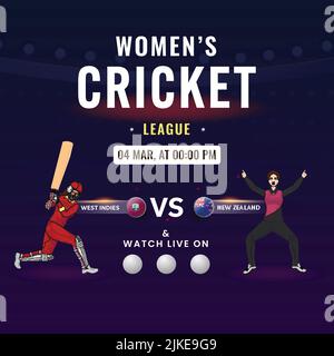 Women's Cricket Match Between West Indies VS New Zealand Of Players On Purple Background. Stock Vector