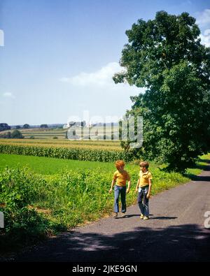 1970s TWO BOYS BROTHERS TALKING TOGETHER WALKING DOWN COUNTRY LANE NEAR FARM AND CORN FIELDS - kf8994 HAR001 HARS JOY LIFESTYLE BROTHERS RURAL HEALTHINESS HOME LIFE COPY SPACE FRIENDSHIP FULL-LENGTH FARMING MALES SNEAKERS SIBLINGS DENIM AGRICULTURE LANE SUMMERTIME FREEDOM ACTIVITY HAPPINESS PHYSICAL HIGH ANGLE FIELDS LEISURE STRENGTH AND FARMERS PA REDHEAD NEAR SIBLING COMMONWEALTH CONNECTION RED HAIR CONCEPTUAL FLEXIBILITY FRIENDLY KEYSTONE STATE MUSCLES BLUE JEANS COOPERATION GROWTH INFORMAL JUVENILES PRE-TEEN PRE-TEEN BOY SEASON TOGETHERNESS TWILL CASUAL CAUCASIAN ETHNICITY HAR001 Stock Photo