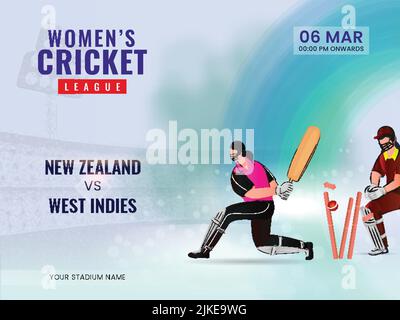 Women's Cricket Match Between New Zealand VS West Indies And Cricketer Players In Action Pose. Stock Vector
