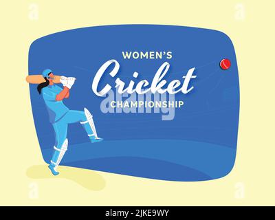 Women's Cricket Championship Font With India Female Batter Player In Action Pose On Blue And Yellow Background. Stock Vector