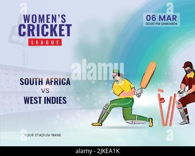 Women's Cricket Match Between South Africa VS West Indies And Cricketer Players In Action Pose. Stock Vector