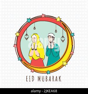 Eid Mubarak Celebration Concept With Islamic Young Couple Offering Namaz (Prayer), Crescent Moon, Stars Decorated On White Sacred Flower Pattern Backg Stock Vector