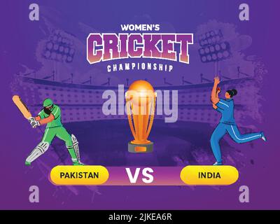 Women's Cricket Match Between Pakistan VS India Players With 3D Winning Trophy Cup On Abstract Purple Background. Stock Vector