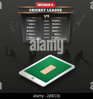 Women's Cricket Match Schedule Between Participated Countries With Top View Smartphone Screen Against Black Silhouette Players Background. Stock Vector