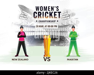 Women's Cricket Match Between New Zealand VS Pakistan With Faceless Players And Golden Trophy Cup On Abstract Grunge Stadium View. Stock Vector
