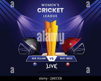Live Women's Cricket Match Between New Zealand VS West Indies With Realistic Attire Helmets And Winner Trophy Cup On Blue Stadium Background. Stock Vector