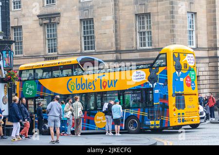 Edinburgh old town, Cobbles Tour sightseeing double decker bus,Scotland,Uk summer 2022 Stock Photo