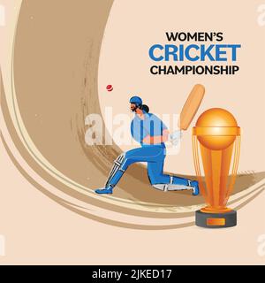 Women's Cricket Championship Concept With India Female Batter Player Hitting Ball And 3D Golden Winning Trophy Cup On Beige Background. Stock Vector