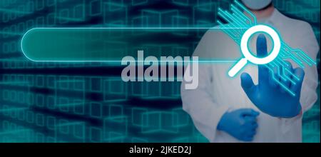 Doctor Pushing With One Finger On Searching Bar And Presenting Ideas In Box. Stock Photo