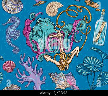 Vector abstract seamless pattern on the marine theme, adventure, the depths of the seas. Vintage repeat background with hand drawn octopuses, anchors, Stock Vector