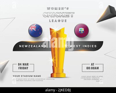 Women's Cricket Match Between New Zealand VS West Indies With Shiny Golden Winning Trophy Cup And 3D Triangle Elements On Gray Background. Stock Vector
