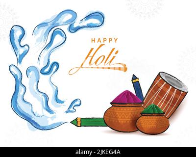 Vector Illustration Of Powder (Gulal) In Mud Pots With Dhol Instrument And Color Splash Coming Out From Water Guns (Pichkari) On White Background For Stock Vector