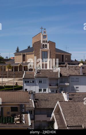 A vertical aerial shot of the Cathedral of Braganza and the cityscape of Braganca, Portugal Stock Photo