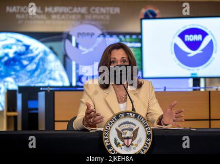 United States Vice President Kamala Harris speaks during a briefing on climate resilience as communities face climate risks including hurricanes, floods, drought, extreme heat, and wildfires at National Hurricane Center in Miami, Florida, USA, 01 August 2022.Credit: Cristobal Herrera-Ulashkevich/Pool via CNP/MediaPunch Stock Photo