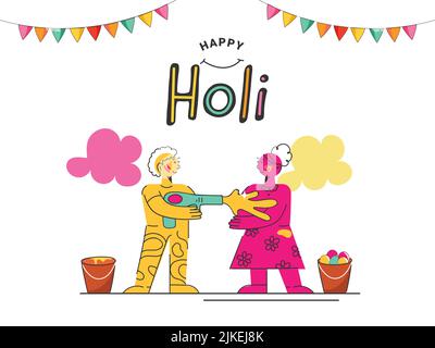 Doodle Illustration Of Cartoon Boy Throwing Color At Girl Through Water Gun (Pichkari) And Bunting Flags On White Background. Stock Vector