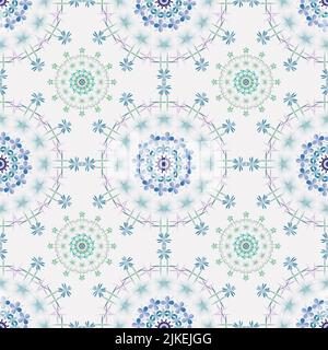 Repeating softly drawn mandalas in pastel colors on white. Seamless pattern design. Stock Photo