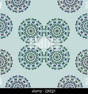 Monochrome repeating pattern of mandala circles, green on green, hand drawn. Stock Photo