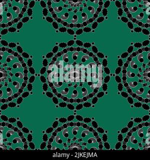 Dramatic mandalas consisting of spirals and shapes in black edged with white on a green background. Seamless repeating pattern. Stock Photo