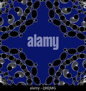 Close up of eye catching mandalas forming part of a seamless repeating patter, black and white on dark blue. Stock Photo