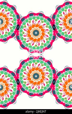Colorful mandala wheels on white, seamless repeat pattern. Stock Photo